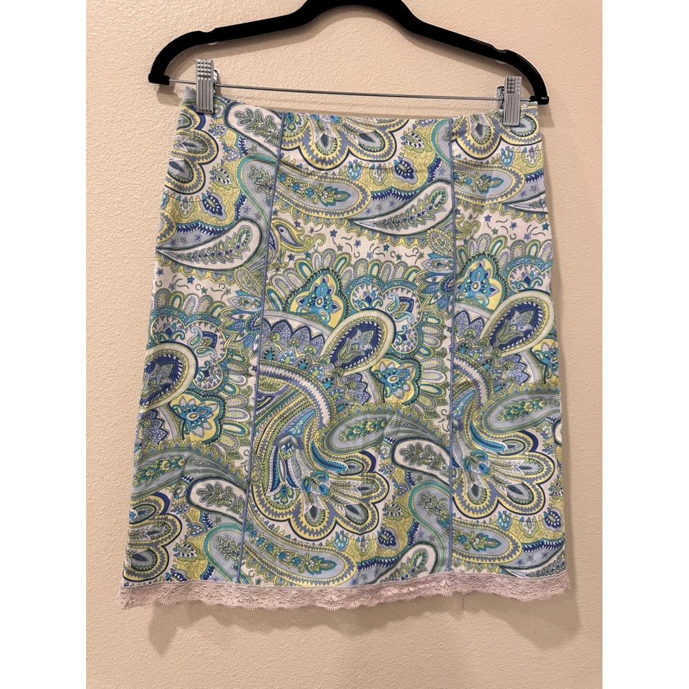 Vintage New York City Design Co Paisley Lace Trim Skirt Blue Green Petite 8P